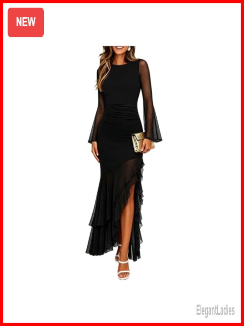 Women's Ruched Bodycon Long Sleeve Maxi Dress Mesh Mermaid Cocktail Formal Party